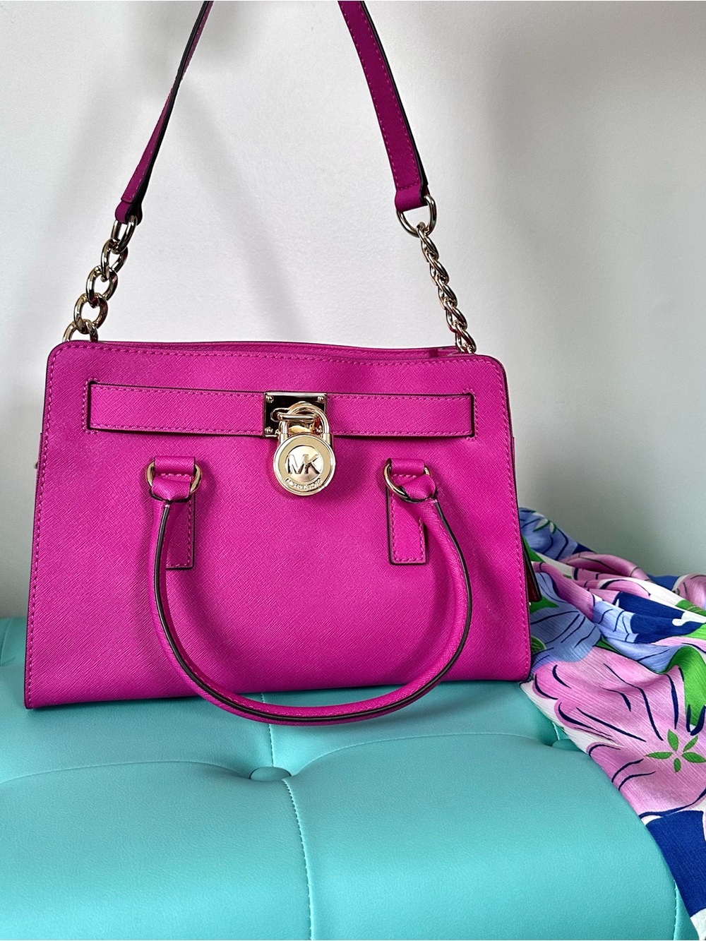 Vintage Hot Pink Michael Kors Hamilton Satchel Bag Gold Lock Charm Crossbody - Picture 4 of 11